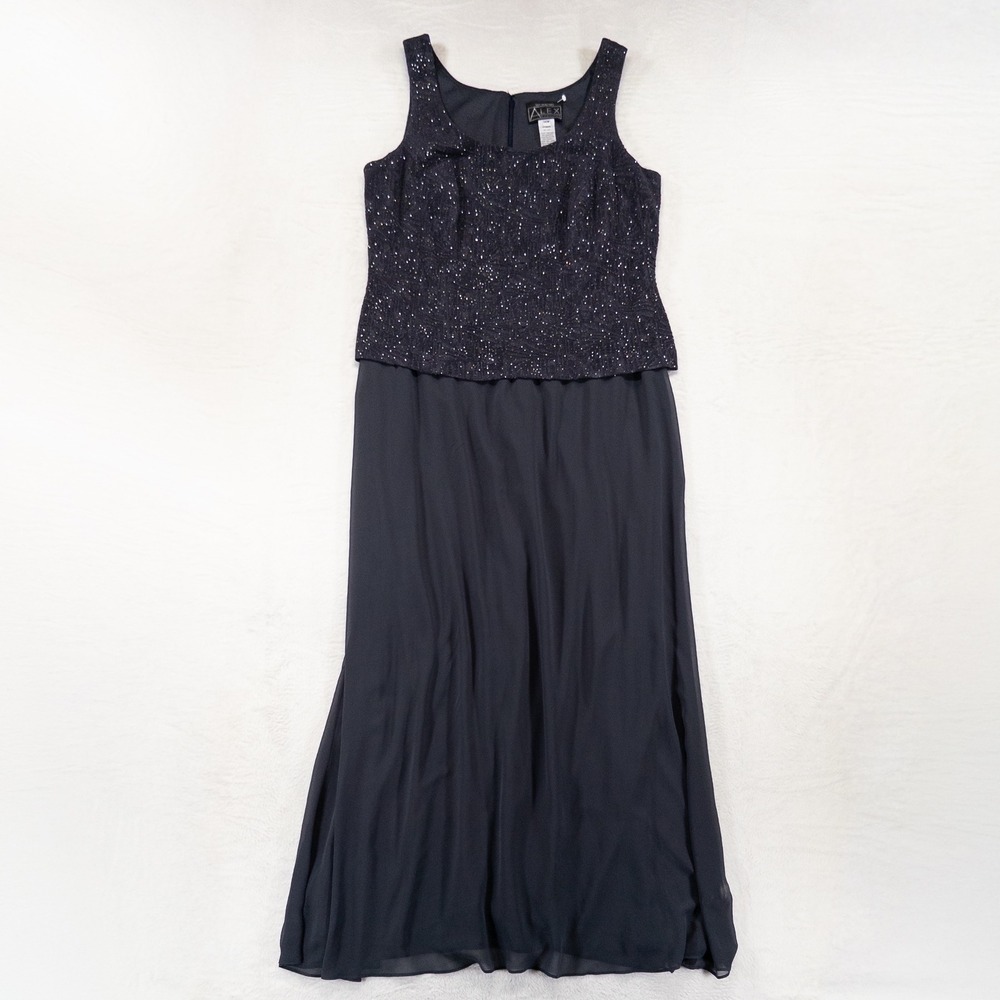 Alex Evenings Womens Maxi Dress 14W Blue Gray Sparkle Formal Gown Sleeveless